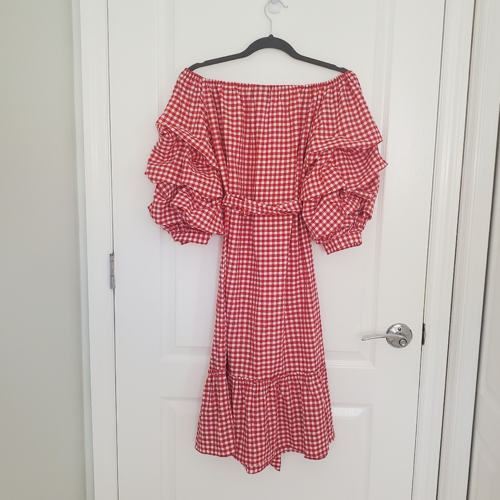 Red Gingham Dramatic Puff Pick Up Sleeves Ruffle Bottom Off Shoulder Dress S - Picture 10 of 15